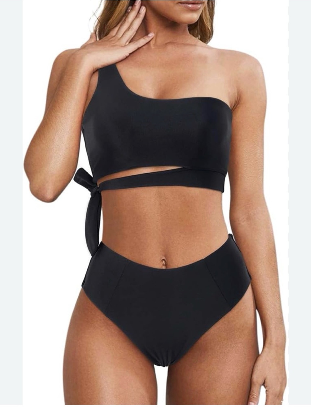 NWOT Black One Shoulder Wrap Bikini Set - High Waisted / High Cut, Size Large
